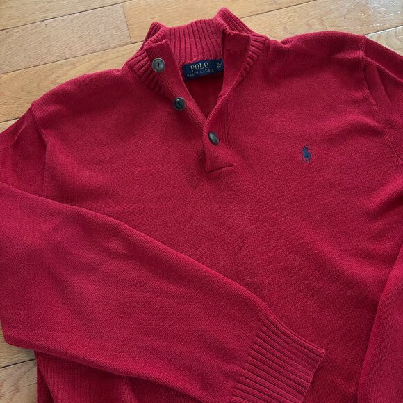 Polo Ralph Lauren Sweater Mens XL Red 3 Button Mock Neck Knit Preppy Casual Pony - Picture 1 of 8